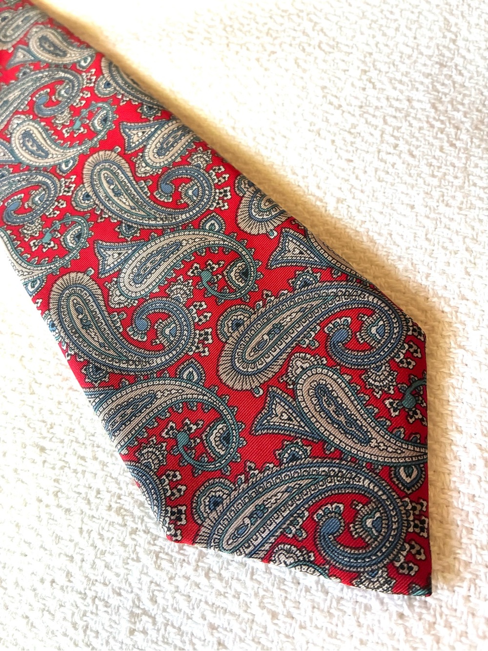 Lands' End 100% Silk Red Paisley Tie with Blue and Cream Accents